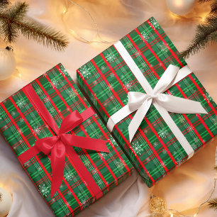 Christmas Green Plaid Snowflakes Wrapping Paper Sheet
