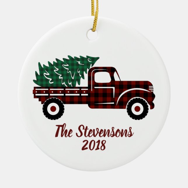 Christmas Green Plaid Tree Red Truck Holiday Photo Ceramic Ornament (Front)
