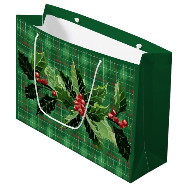 Christmas Green Plaid with Wreath Large Gift Bag (Front Angled)