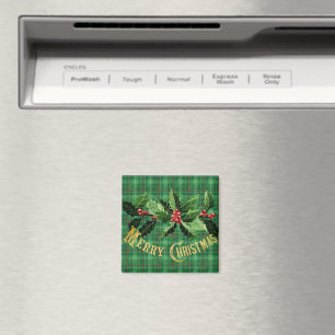 Christmas Green Plaid with Wreath Magnet