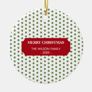 Christmas Green Polka Dots Family Name Year  Ceramic Ornament