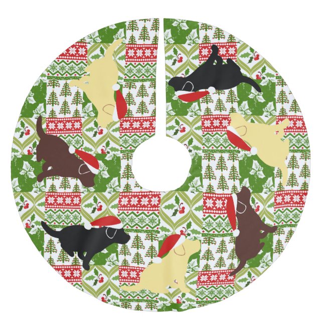 Christmas Green Quilt Labrador Puppies Brushed Polyester Tree Skirt (Front)
