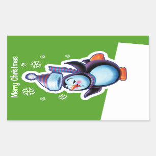 Christmas green rectangle sticker Penguin skater.