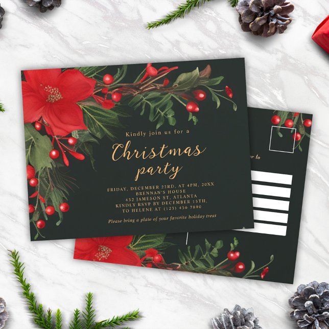 Christmas Green Red Botanical Holiday Party Invitation Postcard (Christmas Green Red Botanical Holiday Party Invitation Postcard)