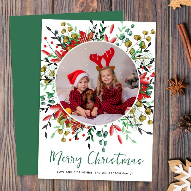 Christmas Green Red Festive Wreath Photo Holiday Card (Creator Uploaded)