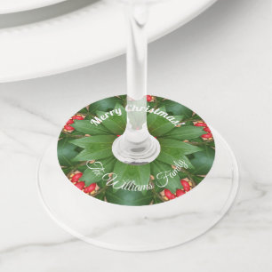 Christmas Green Red Floral Add Name and Text Wine Glass Tag