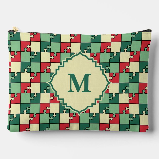 Christmas Green Red Geometric Puzzle Piece Pattern Accessory Pouch (Front)