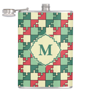 Christmas Green Red Geometric Puzzle Piece Pattern Hip Flask