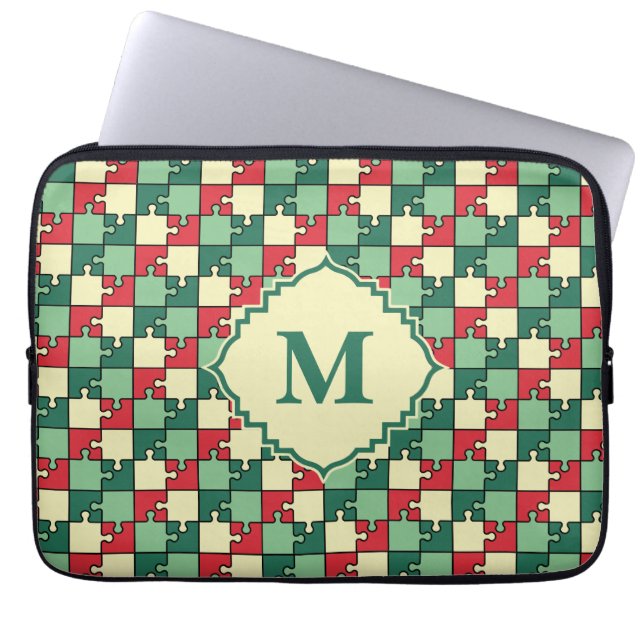 Christmas Green Red Geometric Puzzle Piece Pattern Laptop Sleeve (Front)
