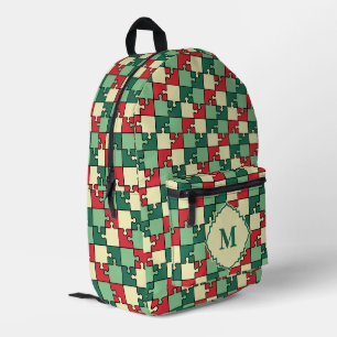 Christmas Green Red Geometric Puzzle Piece Pattern Printed Backpack