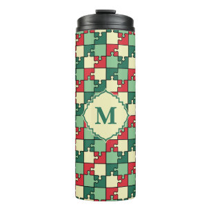 Christmas Green Red Geometric Puzzle Piece Pattern Thermal Tumbler