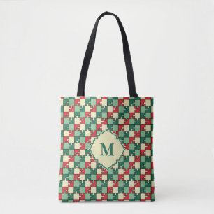 Christmas Green Red Geometric Puzzle Piece Pattern Tote Bag
