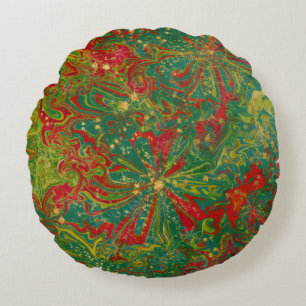 Christmas Green Red Gold abstract marbled Round Cushion