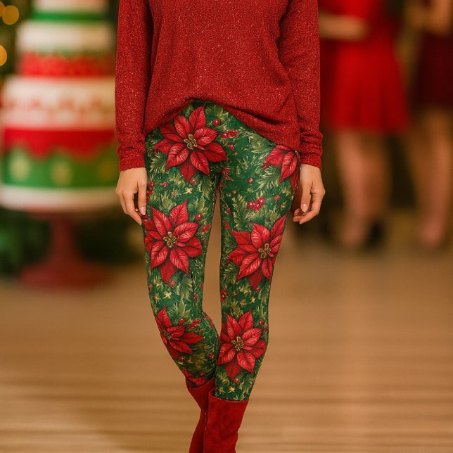Christmas Green Red Poinsettia Floral Leggings (Holiday sparkle meets floral flair styled for joy, comfort, and festive gatherings.)