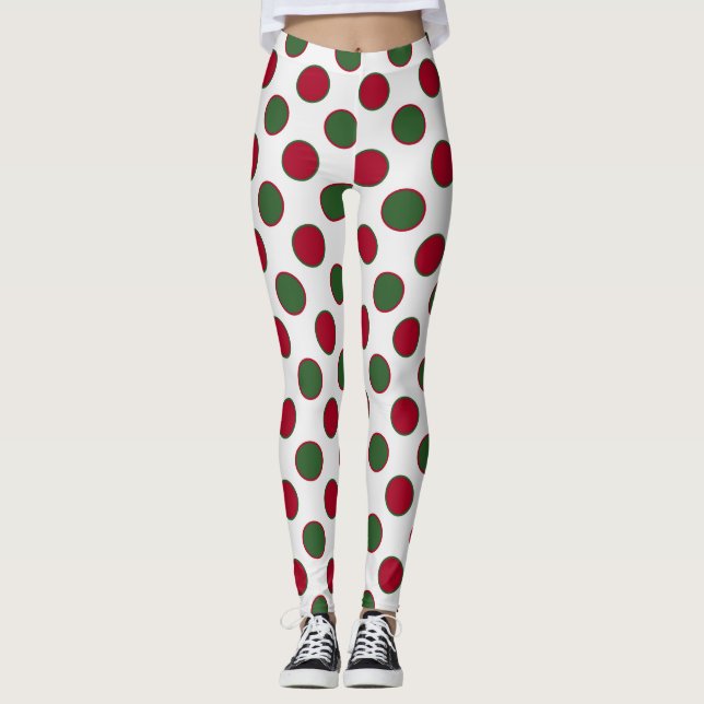 Christmas Green Red Polka Dots On White Leggings (Front)