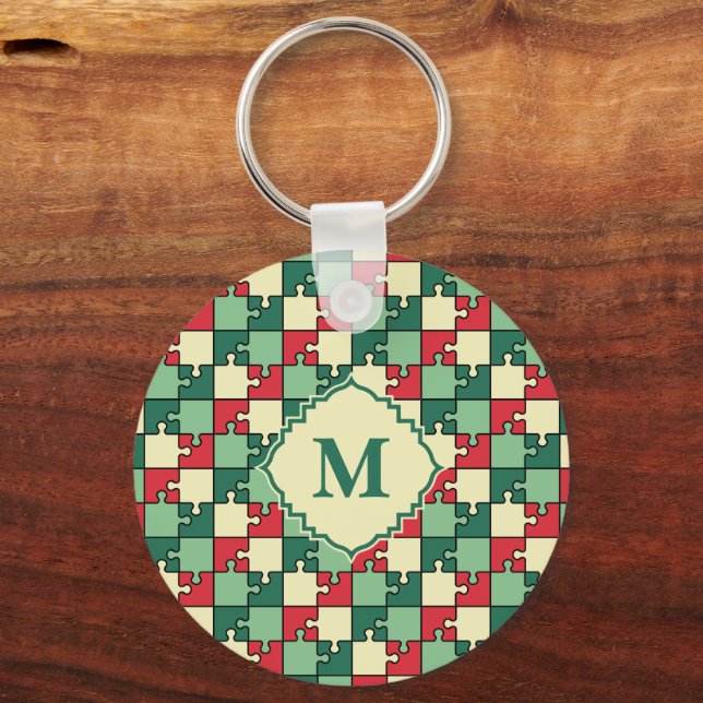 Christmas Green Red Puzzle Piece Monogram Key Ring (Front)