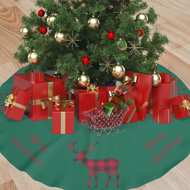 Christmas green reindeer red plaid brushed polyester tree skirt (Creator Uploaded)