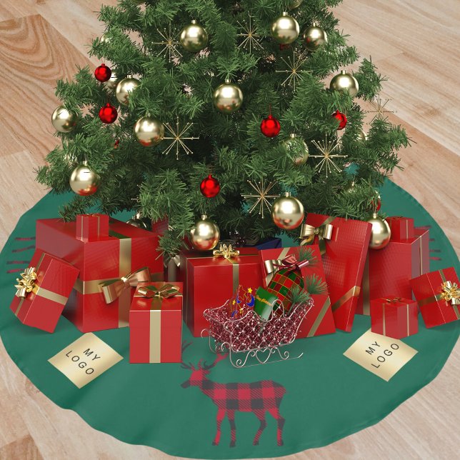 Christmas green reindeer red plaid business logo brushed polyester tree skirt (Creator Uploaded)