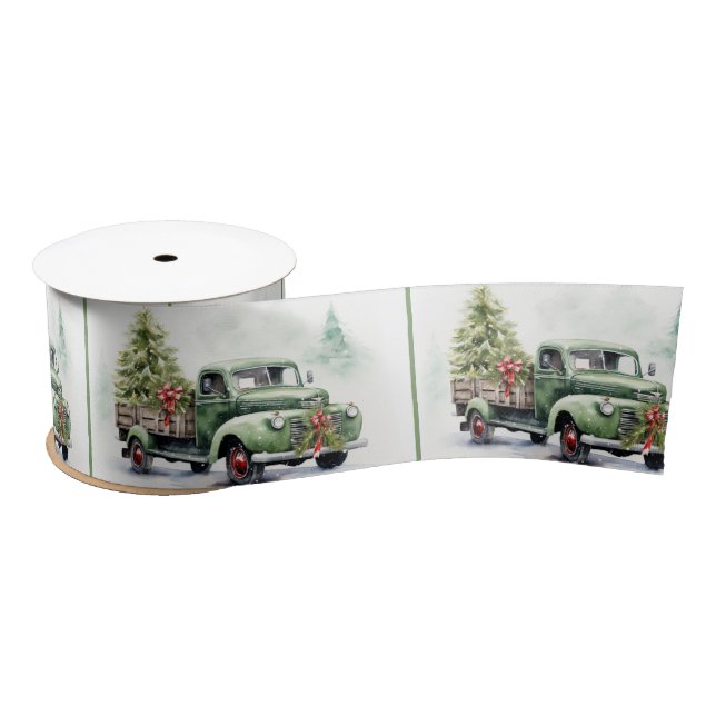 Christmas Green Retro Truck With Tree Satin Ribbon (Spool)