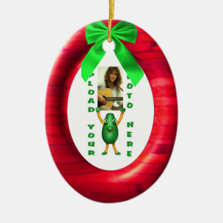 Christmas green ribbon red add photo portal ceramic ornament