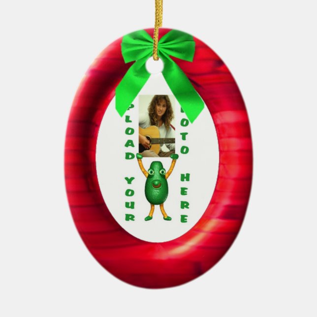 Christmas green ribbon red add photo portal ceramic ornament (Front)