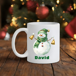 Christmas Green Scarf Snowman with Bells Coffee Mug