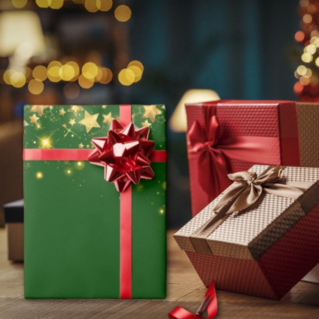 Christmas green shiny Golden Stars Wrapping Paper (christmas green shiny stars Christmas wrapping paper is a great way to show your holiday spirit)