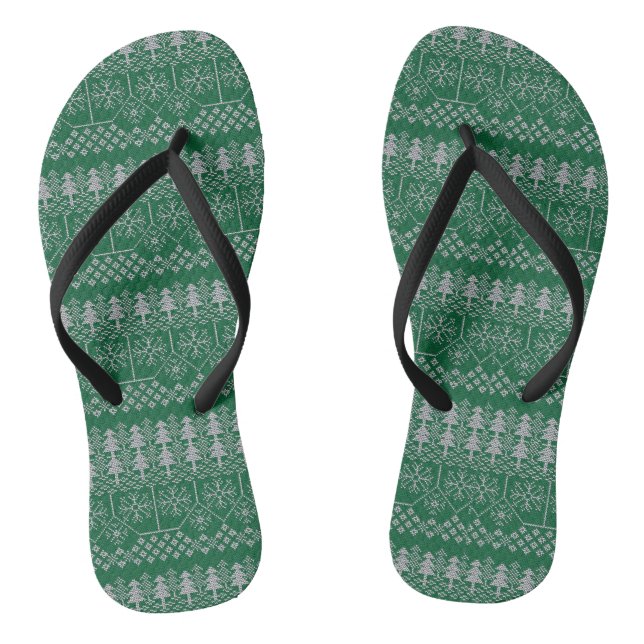 Christmas Green Silver Grey Holidays Elegant Thongs (Footbed)