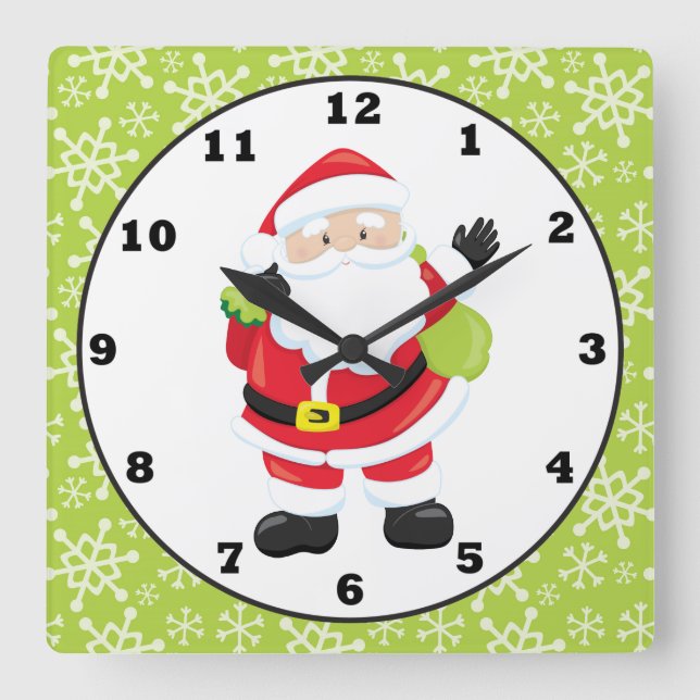 Christmas green snowflake Santa wall clock decor (Front)