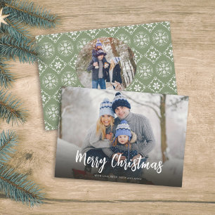 Christmas Green Snowflake Simple Festive 2 Photo Holiday Card