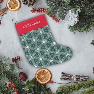 Christmas Green Snowflakes Pattern Personalised  Large Christmas Stocking