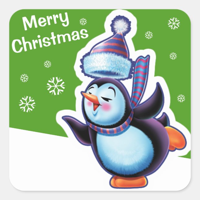 Christmas green square sticker Penguin skating. (Front)