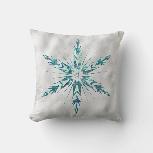 Christmas Green Teal Snowflake Sparkle Cushion (Front)