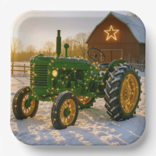 Christmas Green Tractor With Glowing Lights Paper Plate