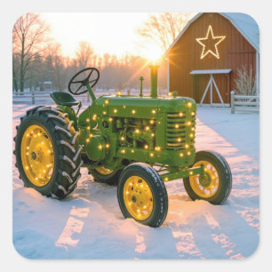 Christmas Green Vintage Tractor With Red Barn Square Sticker