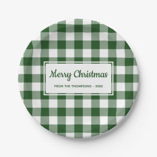 Christmas Green White Buffalo Check With Your Name Paper Plate