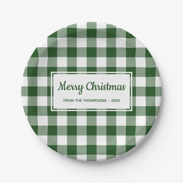 Christmas Green White Buffalo Check With Your Name Paper Plate (Front)