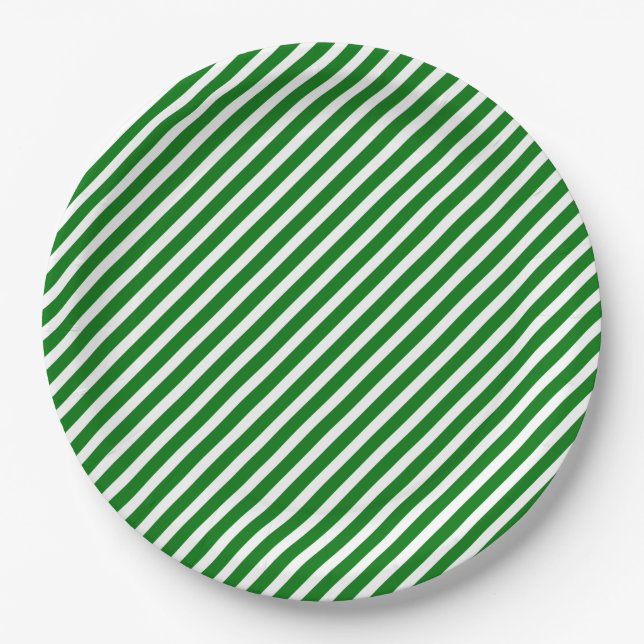 Christmas Green & White Diagonal Candy Cane Stripe Paper Plate (Front)