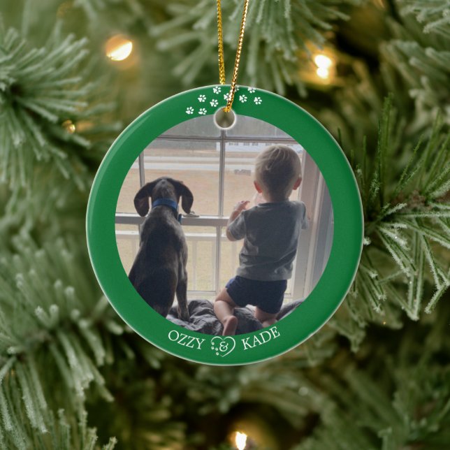 Christmas Green White Personalised Child Pet Photo Ceramic Ornament (Tree)