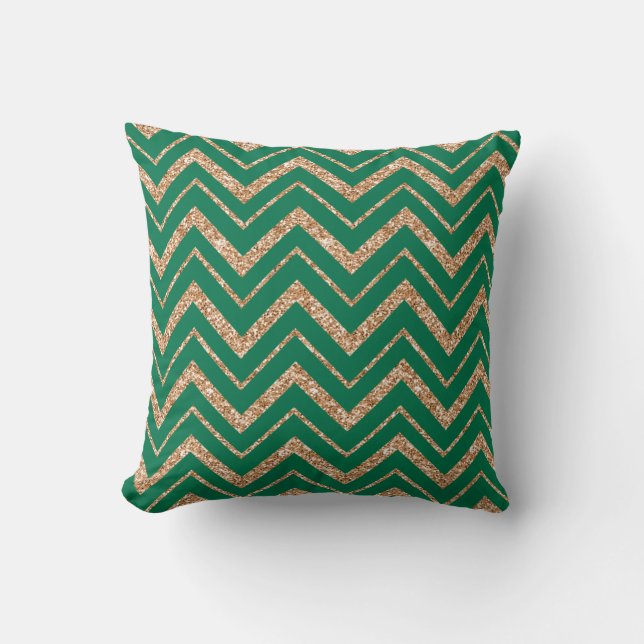 Christmas Green with Faux Gold Glitter Chevron Cushion (Front)