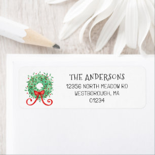 Christmas Green Wreath Red Bow Return Address Label