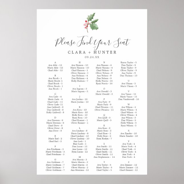 Christmas Greenery Alphabetical Seating Chart (Front)