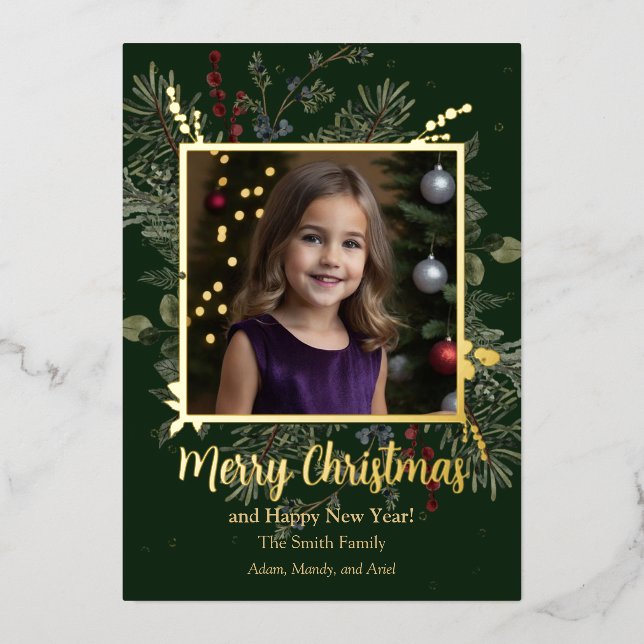 Christmas Greenery and Berries Foil Holiday Card (Front)