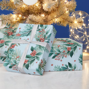 Christmas Greenery and Berries Modern Christmas Wrapping Paper