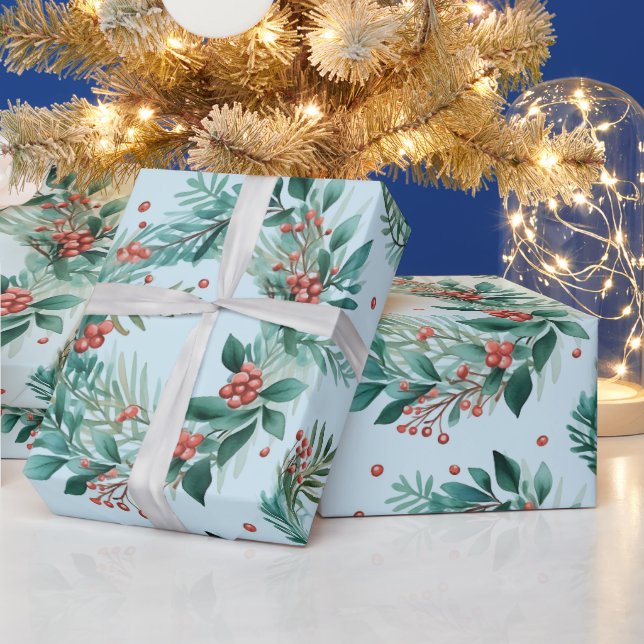 Christmas Greenery and Berries Modern Christmas Wrapping Paper (Holidays)