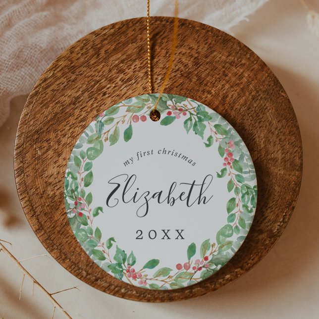Christmas Greenery Baby's First Christmas Photo Ceramic Ornament (Creator Uploaded)