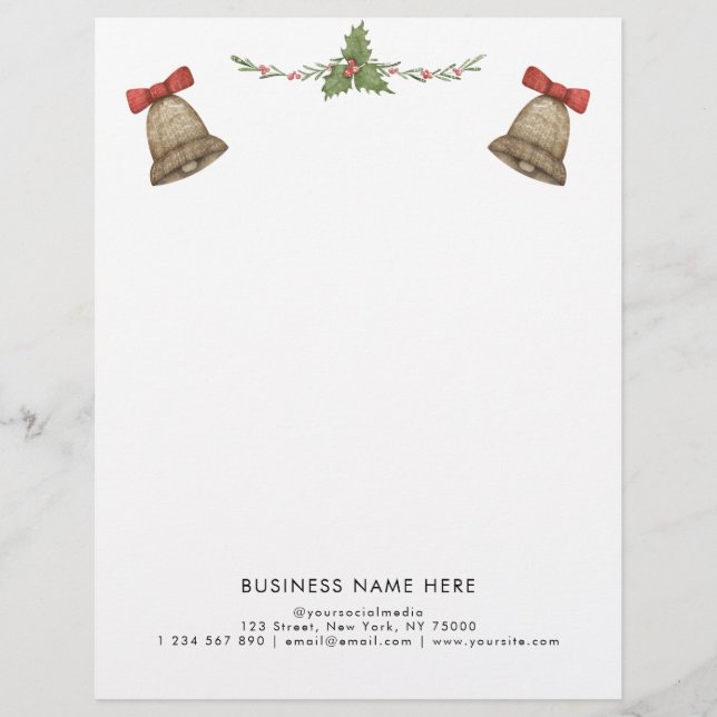 Christmas Greenery Bells Custom Professional Text Custom Letterhead (Front)