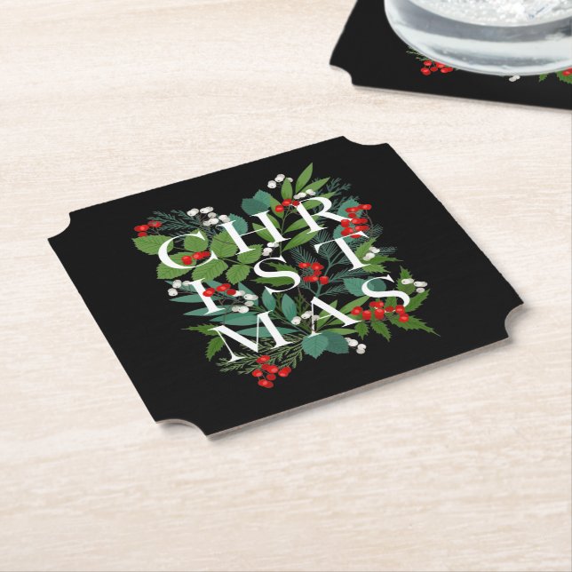 CHRISTMAS Greenery Berries Holiday Black Paper Coaster (Angled)