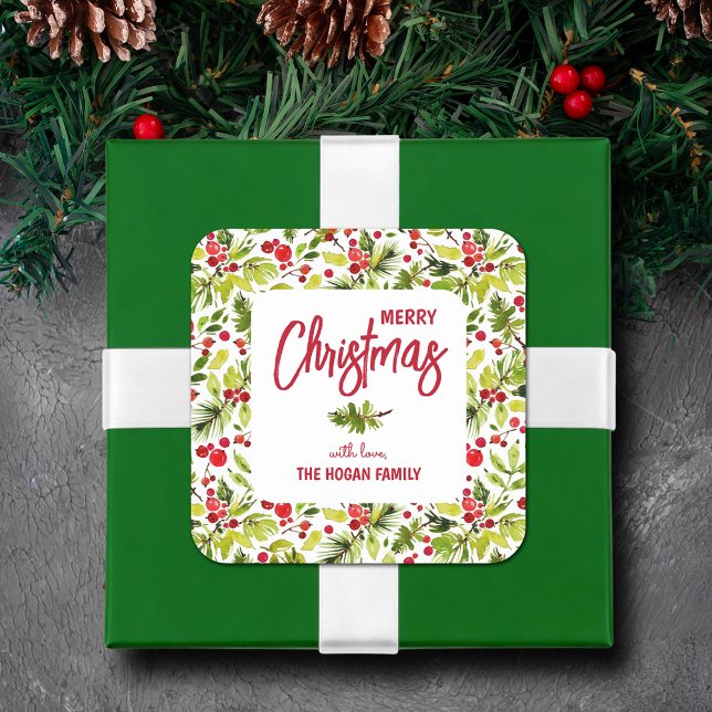 Christmas Greenery Berries Holiday Square Sticker (Merry Christmas with Love square stickers with greenery and red berries)