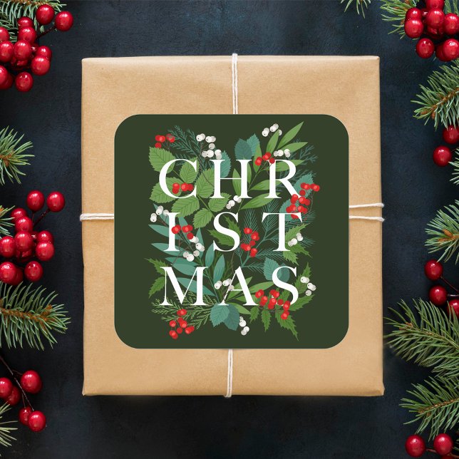 CHRISTMAS Greenery Berries Holiday Square Sticker (CHRISTMAS Greenery Berries Holiday 3" Square Stickers )